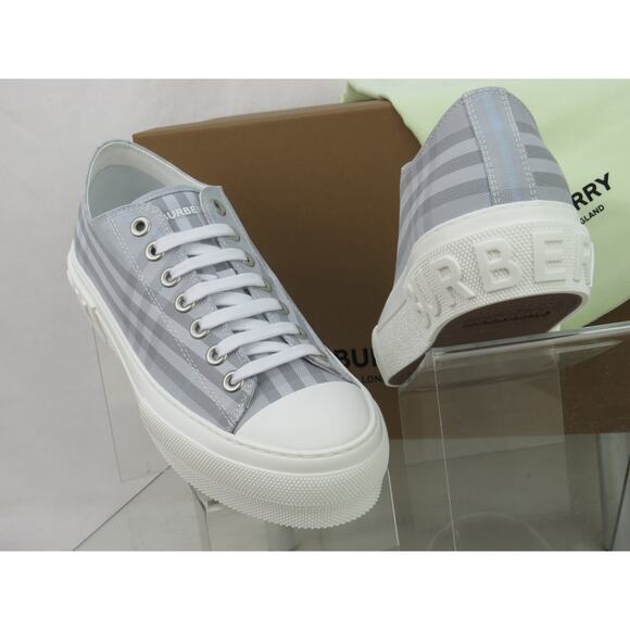 NIB BURBERRY JACK GRAY CHECK CANVAS LOGO WHITE CAP TOE SNEAKERS 42 9 ITALY - Picture 5 of 12